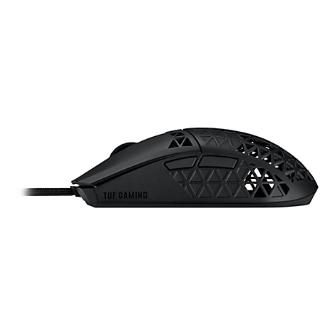 Ein schwarzes Gaming-Maus mit Wabenmuster und dem Schriftzug "TUF GAMING".