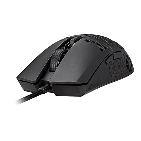Schwarze, kabelgebundene TUF Gaming-Maus in einer perspektivischen Ansicht auf weißem Hintergrund.