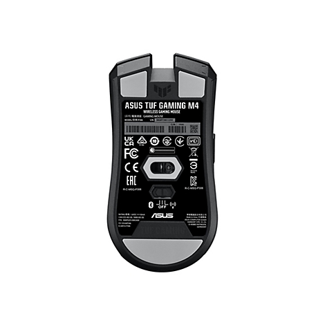 Drahtlose Gaming-Maus ASUS TUF GAMING M4, von unten fotografiert. Auf schwarzem Grund, mit verschiedenen Labeln.