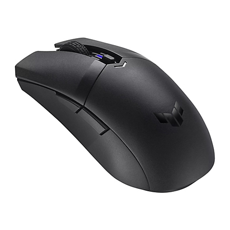 Schwarze kabellose Gaming-Maus mit texturiertem Mausrad und ASUS TUF-Logo auf weißem Hintergrund.