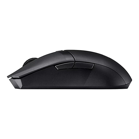 Schwarze kabellose Gaming-Maus in der Seitenansicht vor weißem Hintergrund.