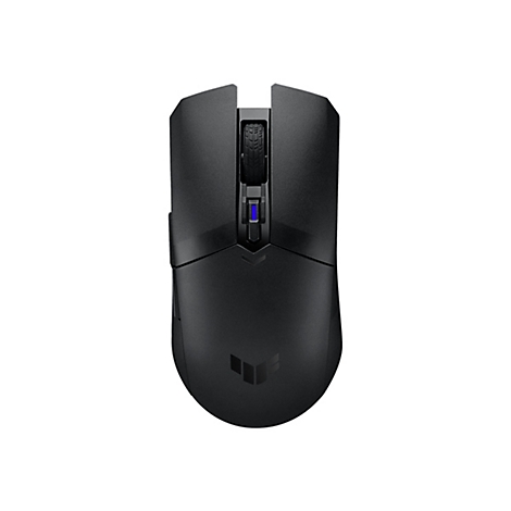 Schwarze Gaming-Maus, Draufsicht. Blaue LED-Beleuchtung am Scrollrad und Logo.