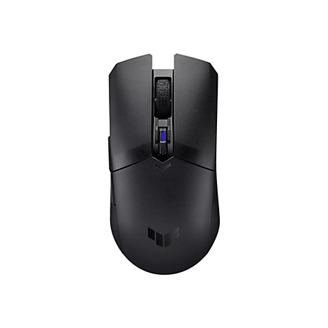 Schwarze Gaming-Maus mit Mausrad und kleinem blau leuchtendem Akzent vor weißem Hintergrund.