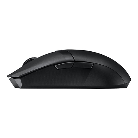 Schwarze Computermaus, Seitenansicht. Tasten, Scrollrad und ergonomische Form erkennbar.