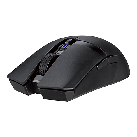 Schwarze Gaming-Maus, Detailansicht. Auf der Oberseite befindet sich ein Scrollrad und eine blaue LED.