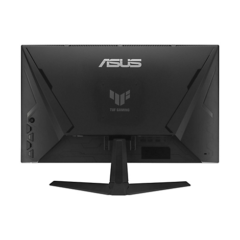 Schwarzer ASUS Monitor von hinten, mit Markenlogo und TUF Gaming Emblem. Aufstellfuß und Anschlüsse sind ebenfalls erkennbar.
