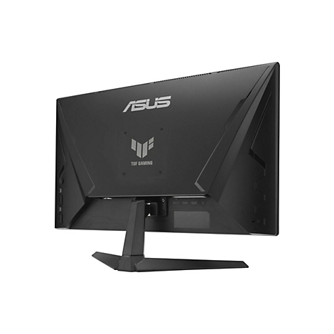 Schwarzer Asus-Monitor, Rückseite. Logo Asus, darunter TUF Gaming-Logo. Schwarzer Standfuß.