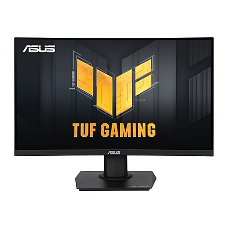Schwarzer ASUS TUF Gaming Monitor. Gelbes Logo und Schriftzug 'TUF Gaming'. Kurviger Bildschirm, schwarzer Standfuß.