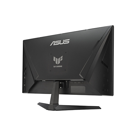 Schwarzer ASUS Monitor von hinten, mit Markenlogo und TUF Gaming Logo. Anschlüsse unten.