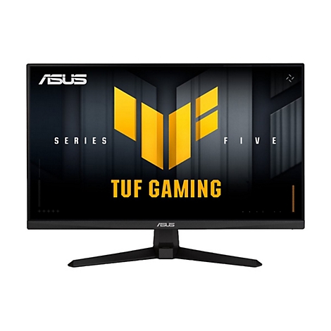 Schwarzer ASUS TUF Gaming Monitor. Gelbes Logo und Schriftzug auf dunklem Hintergrund. Schwarzer Standfuß.