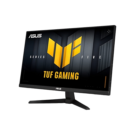 Ein schwarzer ASUS TUF Gaming Monitor. Gelbes Logo und Text auf dem Bildschirm, schwarzer Standfuß.