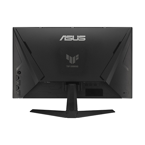 Rückansicht eines schwarzen ASUS TUF Gaming Monitors. Das Logo, der Produktname und Anschlüsse sind sichtbar.