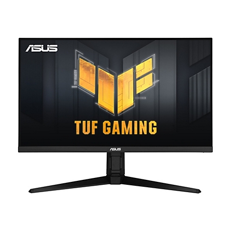 Un écran de jeu ASUS noir avec "TUF GAMING" et le logo ASUS. L'écran est sur un fond blanc.