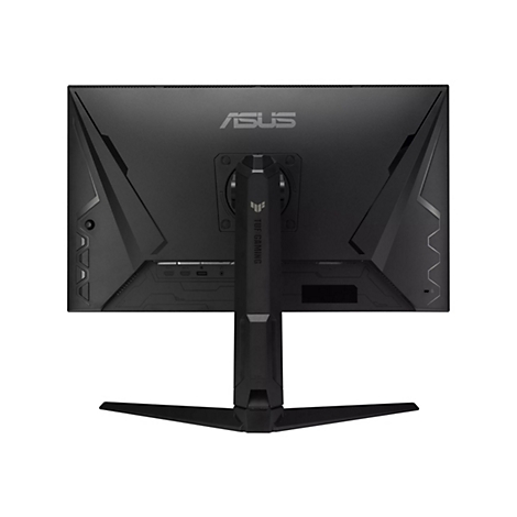 Moniteur de jeu noir. Arrière : logo ASUS, écriture TUF Gaming. Design géométrique, pied.