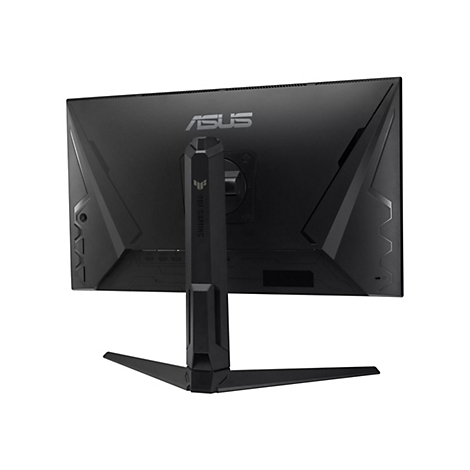 Schwarzer Monitor, Rückseite, mit ASUS-Logo und TUF GAMING-Schriftzug.