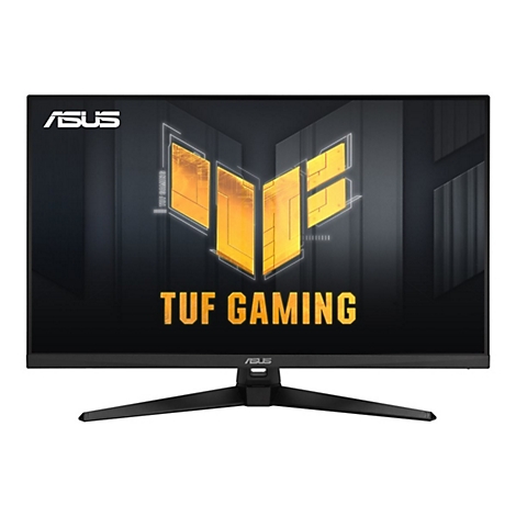 Moniteur ASUS TUF Gaming noir. Logo et lettrage jaunes sur l'écran. Socle noir.