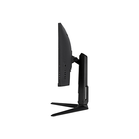 Moniteur noir de profil, avec support. Le côté montre les ports et un bouton d'alimentation.