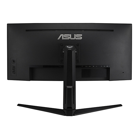 Rückansicht eines schwarzen ASUS-Monitors. Oben steht das ASUS-Logo, darunter der Produktname. Die Anschlüsse sind unten rechts.