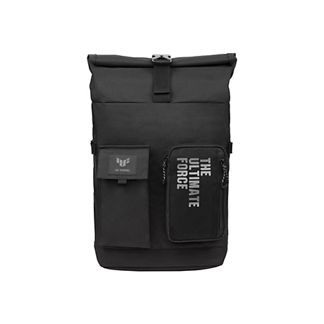 Schwarzer Gaming-Rucksack mit Rollverschluss, zwei Fronttaschen und TUF Gaming Logo vor weißem Hintergrund.