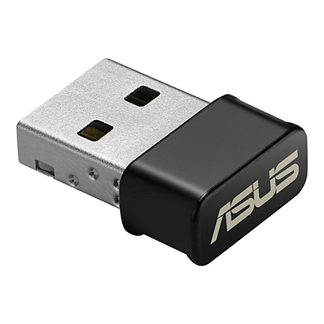 Un adaptateur USB argenté avec une partie noire portant le logo ASUS en blanc.