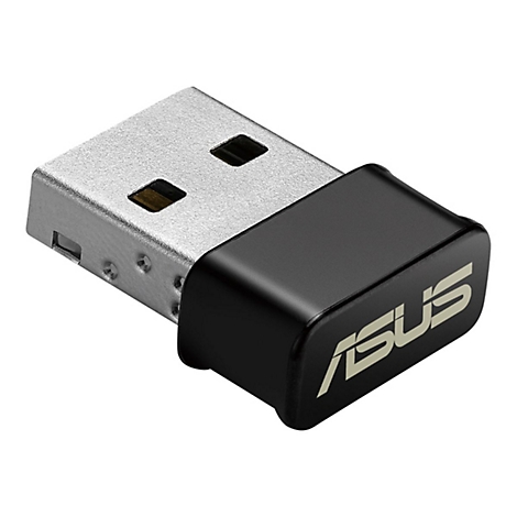 Un adaptateur USB ASUS noir avec une prise USB argentée. Le logo est blanc sur la partie noire.