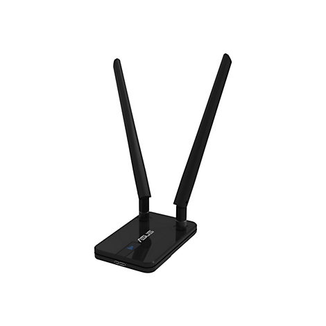 Schwarzer Asus WLAN-Adapter mit zwei ausgerichteten Antennen auf einer flachen Basis vor weißem Hintergrund.