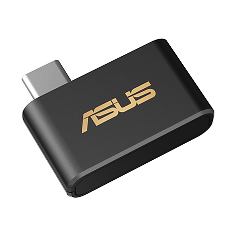 Schwarzer USB-C Adapter mit goldfarbenem ASUS-Logo auf der Oberseite.