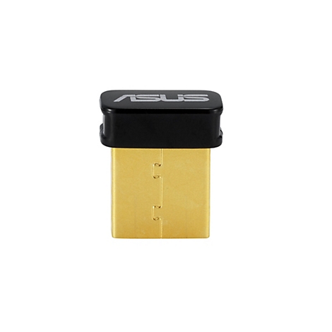 Ein goldfarbener HDMI-Adapter mit einer schwarzen Kappe, auf der das ASUS-Logo in silberner Schrift zu sehen ist.