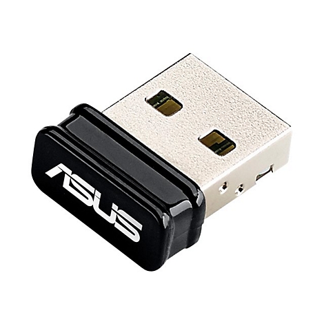 Kleiner schwarzer Asus USB-Adapter vor weißem Hintergrund.