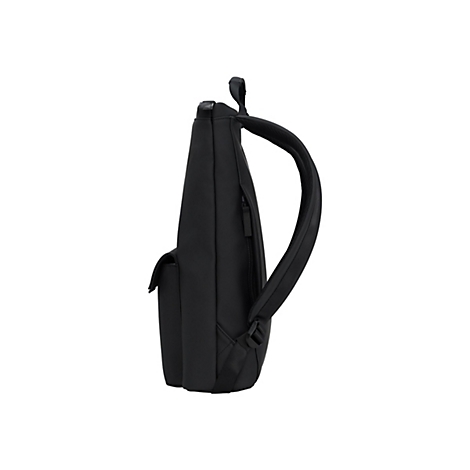 Seitliche Ansicht eines schlichten schwarzen Rucksacks vor weißem Hintergrund.
