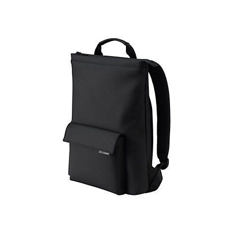 Schwarzer, minimalistischer Rucksack mit Tragegriff und aufgesetzter Fronttasche vor weißem Hintergrund.
