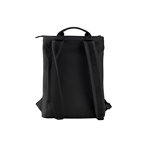 Schwarzer Rucksack von hinten gesehen, mit gepolsterten Tragegurten und Tragegriff vor weißem Hintergrund.
