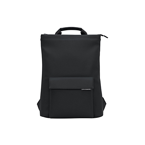 Schwarzer Asus-Rucksack mit minimalistischem Design, Tragegriff oben und Vordertasche vor weißem Hintergrund.