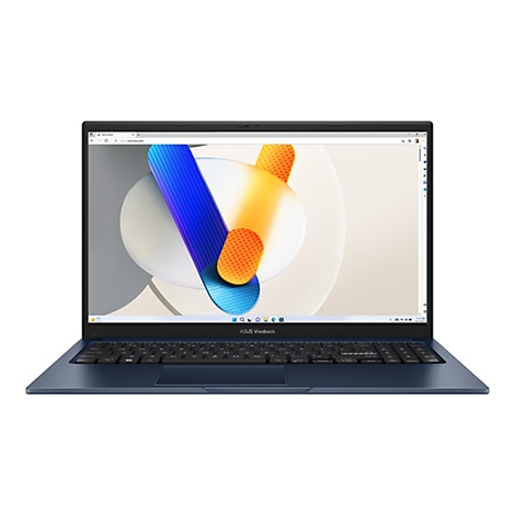 Blauer ASUS Vivobook Laptop, Bildschirm zeigt eine Webseite mit abstraktem Hintergrund. Tastatur und Touchpad sind sichtbar.