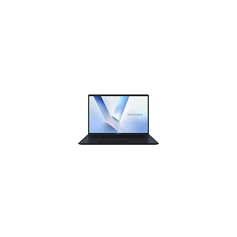 Dunkelblauer Laptop mit geöffnetem Display. Auf dem Bildschirm ist das ASUS Vivobook-Logo vor einem abstrakten Hintergrund zu sehen.