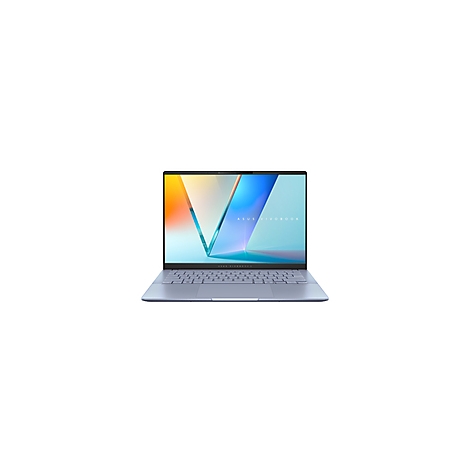 Ein hellblaues Asus Vivobook Laptop, der Bildschirm zeigt eine abstrakte Grafik.