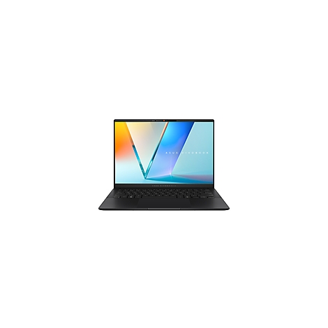 Schwarzes Asus Vivobook Laptop. Geöffnet, Bildschirm mit farbigen Formen, Tastatur darunter.