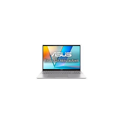 Silberner Laptop mit ASUS-Logo und Aufschrift "Bis zu 32h Akkulaufzeit" auf dem Bildschirm.