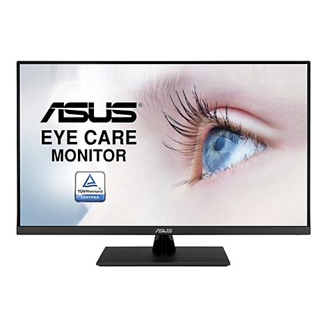 ASUS Eye Care Monitor mit einem Bild von einem blauen Auge. Auf dem Bildschirm sind das ASUS-Logo, Eye Care Monitor und ein TÜV Rheinland-Zertifizierungszeichen abgebildet.