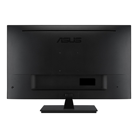 Rückseite eines schwarzen Monitors. Oben mittig ist das ASUS-Logo sichtbar. Darunter sind mehrere Öffnungen und Anschlüsse.