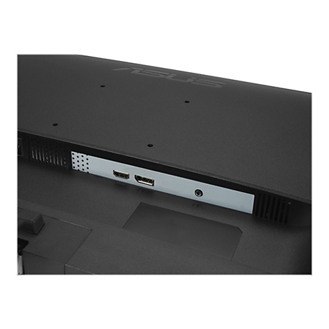 Nahaufnahme der Rückseite eines schwarzen Monitors mit Anschlüssen. Sichtbar sind HDMI, USB und Audioausgang.