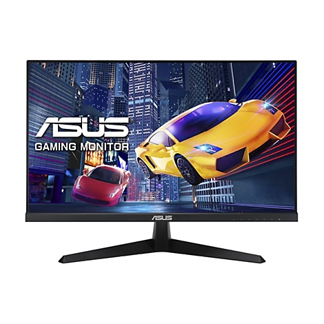 Ein schwarzer ASUS-Gaming-Monitor mit einem dynamischen Hintergrund, der Rennwagen in einer Stadt zeigt.