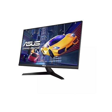 Ein Gaming Monitor von ASUS zeigt eine Rennszene mit gelben und roten Autos vor einer Stadtkulisse.