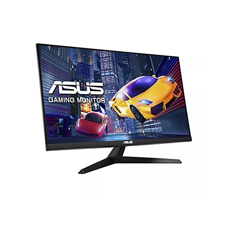 Ein schwarzer ASUS Gaming Monitor. Auf dem Bildschirm sind Autos vor einer Stadtkulisse zu sehen.