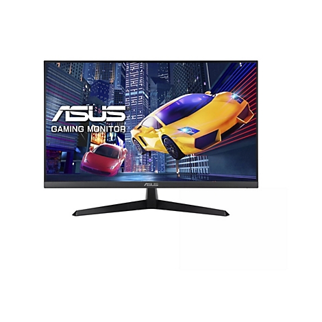 Der Gaming-Monitor zeigt Autos in einer futuristischen Stadt, Logos von Asus.