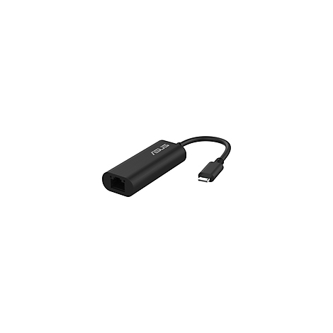 Adaptateur ASUS USB-C vers RJ45 noir avec logo. Un connecteur USB-C à droite et un port RJ45 à gauche.