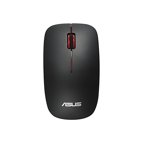 Drahtlose schwarze Maus mit rotem Scrollrad und Asus Logo.
