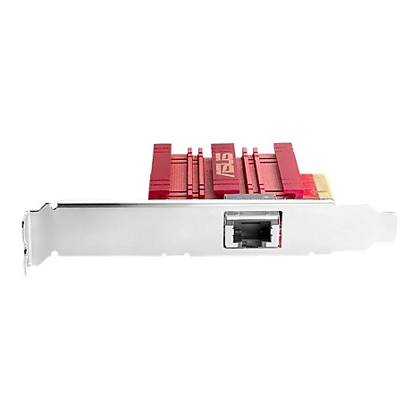 Rote ASUS Netzwerkkarte mit Kühlkörper und RJ45-Anschluss vor weißem Hintergrund.