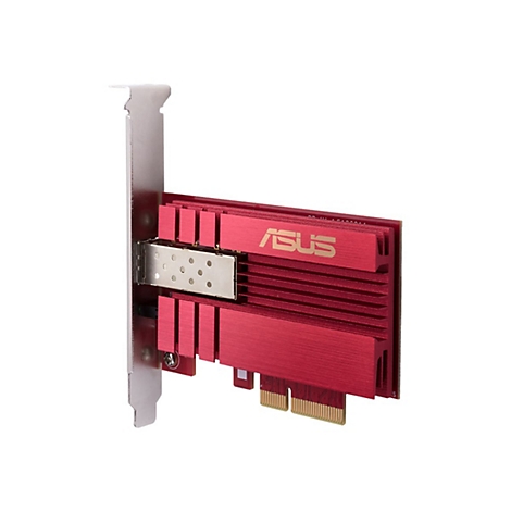 Rote ASUS Netzwerkkarte mit Kühlkörper und silberner Slotblende vor weißem Hintergrund.