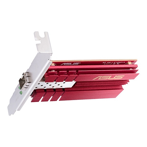 Eine rote ASUS Netzwerkkarte mit Kühlrippen und Metallblende vor weißem Hintergrund.